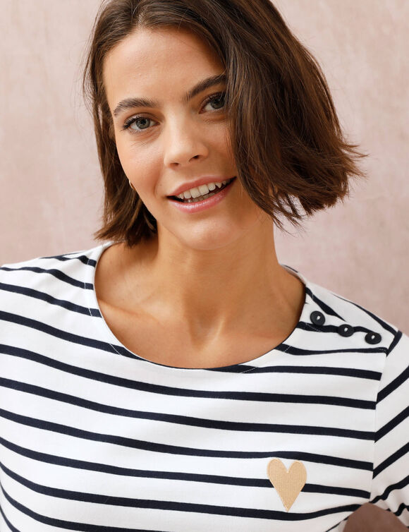 Marine-T-shirt met goudkleurig hartborduursel (wit / marine) Marine-T-shirt met goudkleurig hartborduursel (wit / marine)